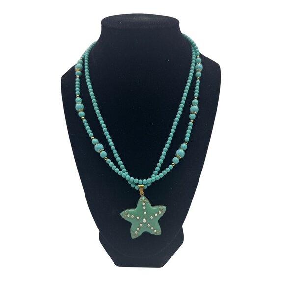 Double Strand Turquoise Beaded Necklace With Star Pendant & Gold Accents - Picture 1 of 4